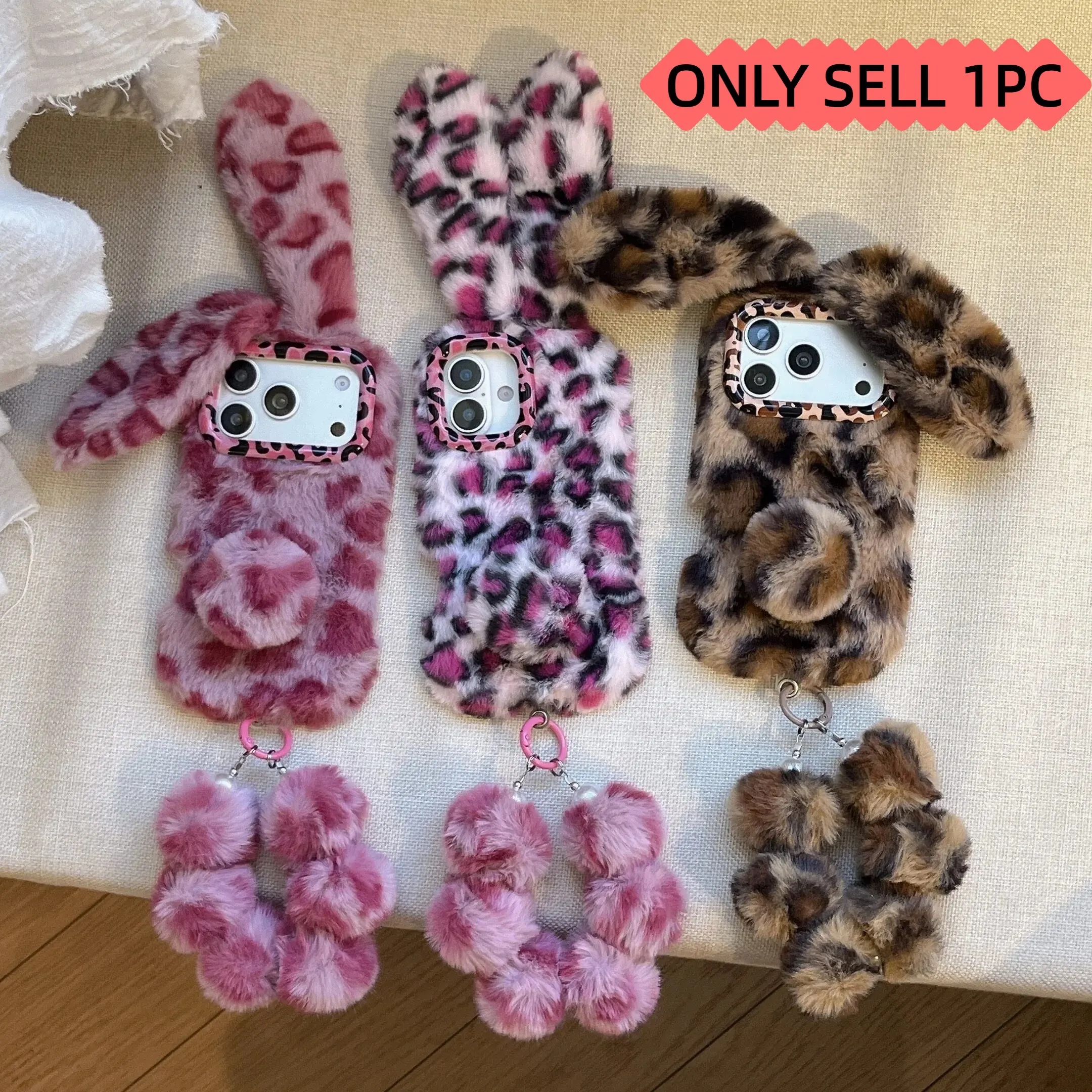 New Soft Plush Leopard Tiger Print Long Ear Short Tail Rabbit Phone Case for Apple iPhone 17 Pro Max, Cute Cartoon Aesthetic Shockproof Protective Cover, Smartphone Accessories, Protector, Casing