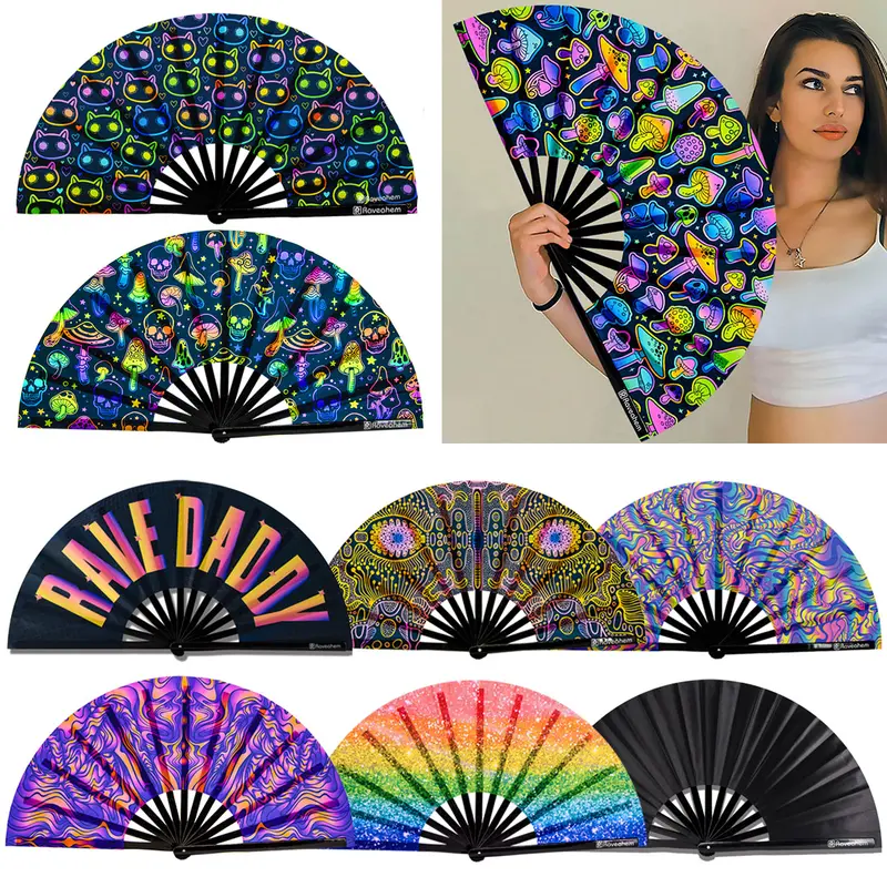 RAVEAHEM Handmade Satin Fabric Bamboo Wooden 34cm Closed Portable Folding Fan - Men's Clack Fan, Home Decoration Wall Decor Accessory, Rave Festival Gift