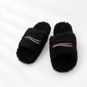 2026 Striped Webbing Furry Slides  men women Winter Warm  Fleece Indoor Outdoor Slippers