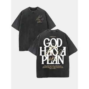 Retro Washed Double Sided Printed T-Shirt, 'GOD HAS A PLAN' Letter Graphic Tee, 230g Pure Cotton, Slightly Cropped, Crewneck, Distressed Streetwear, Men's Casual Comfortable Fashion Tops Smooth Fabric Seamless Soft Tshirt graphic tee t shirt