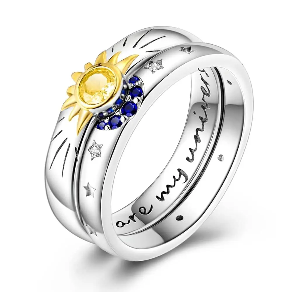 S925 Sterling Silver Sun and Moon Couple Ring Set, Unique Beautiful Rings, High-End Valentine's Day Personalized Jewelry Gift, Unique Rings