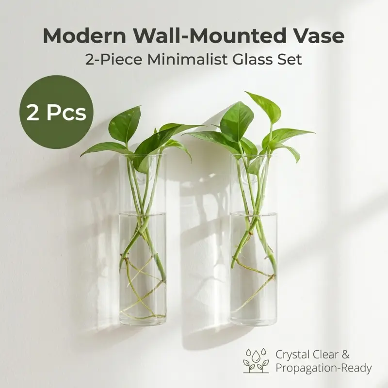 2-Piece Wall-Mounted Glass Vase Set, Clear Cylinder Planter for Water Propagation, Minimalist Wall Decor for Pothos & Indoor Plants, Space-Saving Hanging Vases, Plant Holders, Decoration