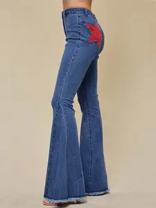 Star Patchwork Bell Bottom Jeans For Women Mid Waist Bootcut Flare Jeans Stretch Straight Leg Skinny Denim Pants