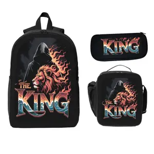 THE KING Lion Pattern Backpack 3-Piece Set - Student Backpack Pencil Case & Lunch Bag with Vibrant Design for Daily Use - Spacious for Books & Supplies