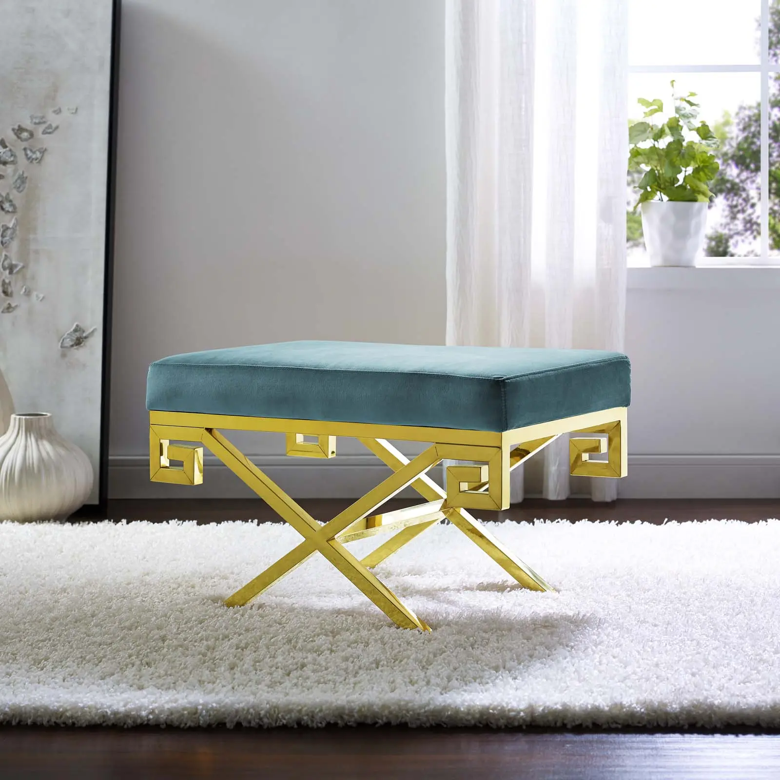 Modway Rove Modern Single Seat Performance Velvet Bench - Sea Blue, Greek Key Design, Foam Cushioned, Stainless Steel Frame, Foot Pads, Bedroom Use, Yes to Durable Indoor Furniture