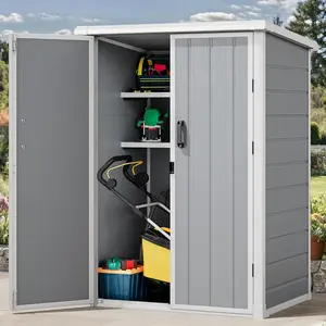 Yitahome 60 Cuft Outdoor Tall Storage Shed with 2 Shelves, Weatherproof Vertical Tool Shed with Floor & Lockable Doors, Sturdy Double-Wall Plastic Cabinet for Garbage Cans and Garden Equipment (Gray)