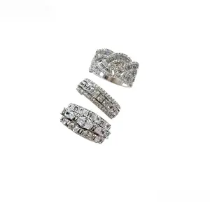 HENSY Adjustable CZ 3-Piece Stacking Ring Set - Lace Wave, Baguette Pavé, Oval Solitaire Designs - Y2K Vintage Industrial Costume Jewelry Ring