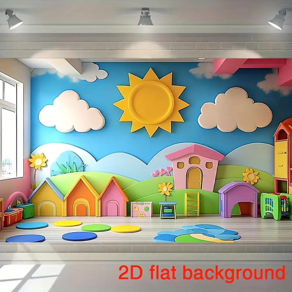 1PC Reusable 2D Flat-Printed Children's Play Area Backdrop, Cartoonish Design with Sun Clouds and House, Ideal for Early Education Centers, Home & Party Photo Decoration, Cartoon Festive Backdrops & Banners, Birthday-Themed Festive Backdrops & Banners