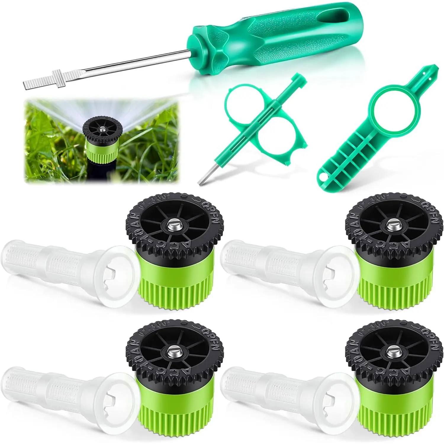 11-Piece Outdoor Garden Sprinkler Nozzle Tool Kit, Compatible with RainBird/Hunter Pop-Up Sprinklers, Includes 0°-360° Adjustable Arc Nozzle with Filters, Rotor Adjustment Tool for 0.8in High 0.9in Diameter Lawn Irrigation Systems (Precise Control, 10a),