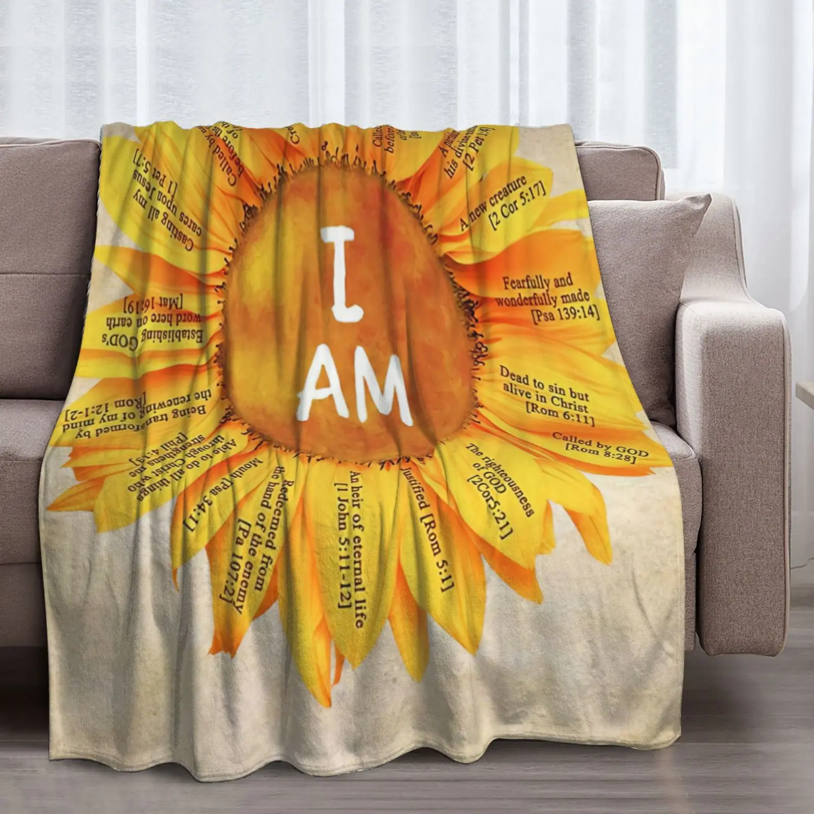 Soft Thermal Flannel Letter Accent Blanket - Sunflower-Yellow, Wrinkle-Resistant, with Inspirational Bible Verse, Home Decoration for Grandparents & Children, Available in 40x50in, 127x152cm, 137x178cm Sizes, Thermal Blanket