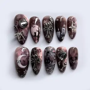 Gothic Halloween Press On Nails–3D Black Cat, Moon & Cross Nail Art, Spooky Witchy Night Almond Nails for Halloween Party, Long Almond Nails