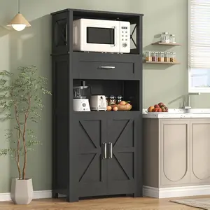 55" Farmhouse Kitchen Pantry Cabinet, 5-Tier Pantry Storage Cabinet with 2 Barn Doors and Drawer, Tall Sideboard Buffet Cupboards Storage Shelf for Home Office Use (Black 12" D x 24" W x 55" H)
