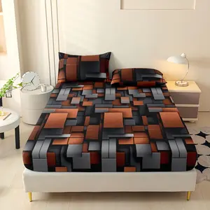 SoftHaven Home Made in USA 3PCS Geometric Fitted Sheet Set, Deep Pocket Breathable Bedding, Soft Comfortable Polyester, All Season Mattress Protector for Bedroom & Guest Room (1 Fitted Sheet + 2 Pillowcases No Inserts)