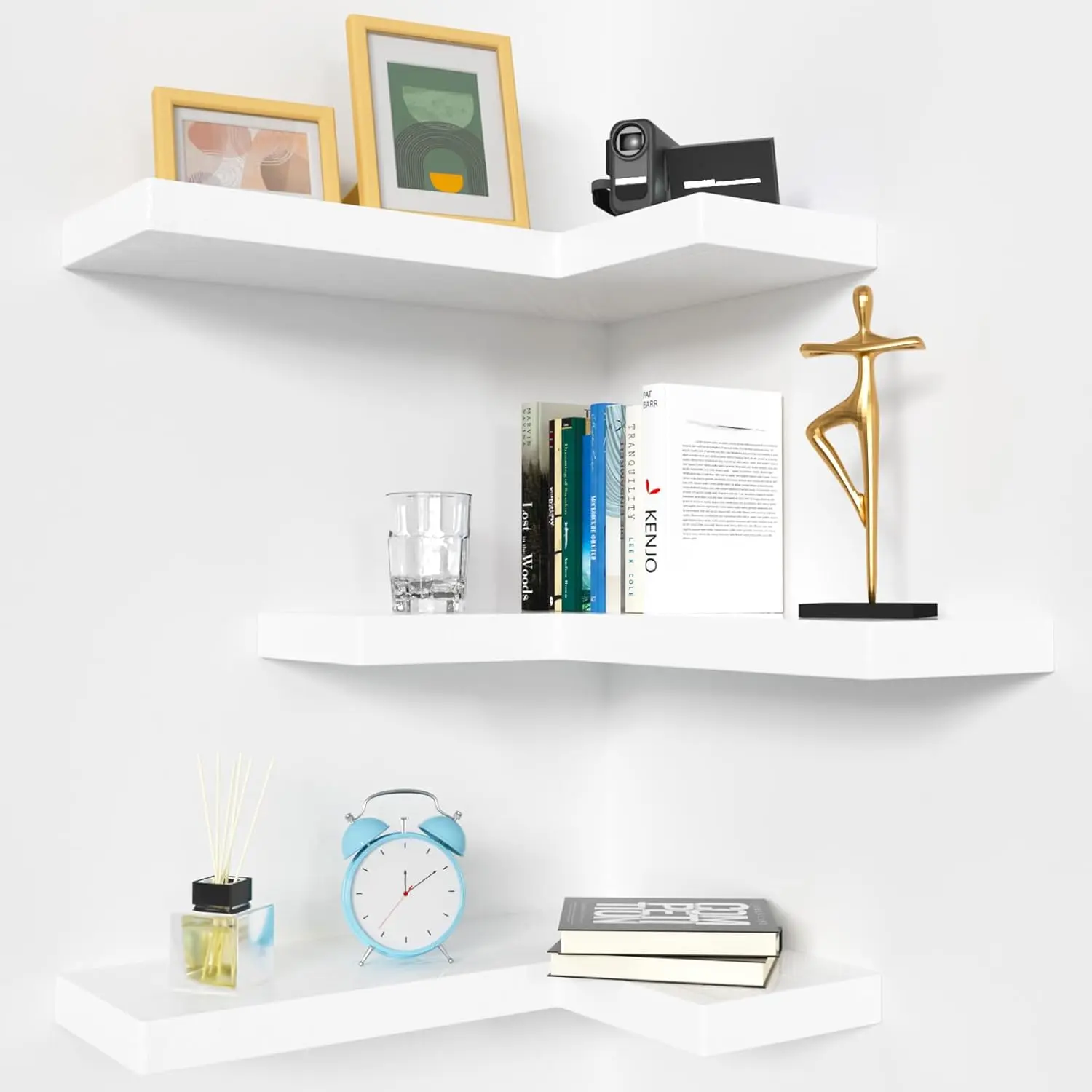 Modern 17"x6" White Corner Floating Shelves with Invisible Brackets - 3-Piece Wall Mounted Set, Light Minimalist Gothic Photo Decor for Bedroom, Living Room