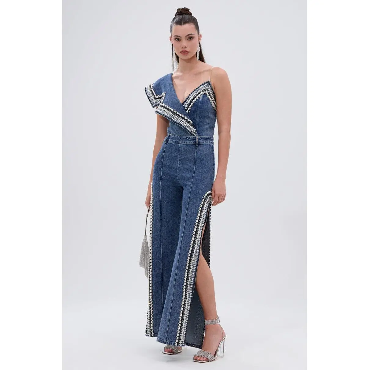 LUXURIOUS DENIM PANTS WITH SIDE SLITS