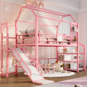 (2 Packages)Twin House Loft bed with Slide and Stairs, Metal Playhouse Bed with Storage Shelves, House-shaped Roof and Noise-free Design, Pink/Black