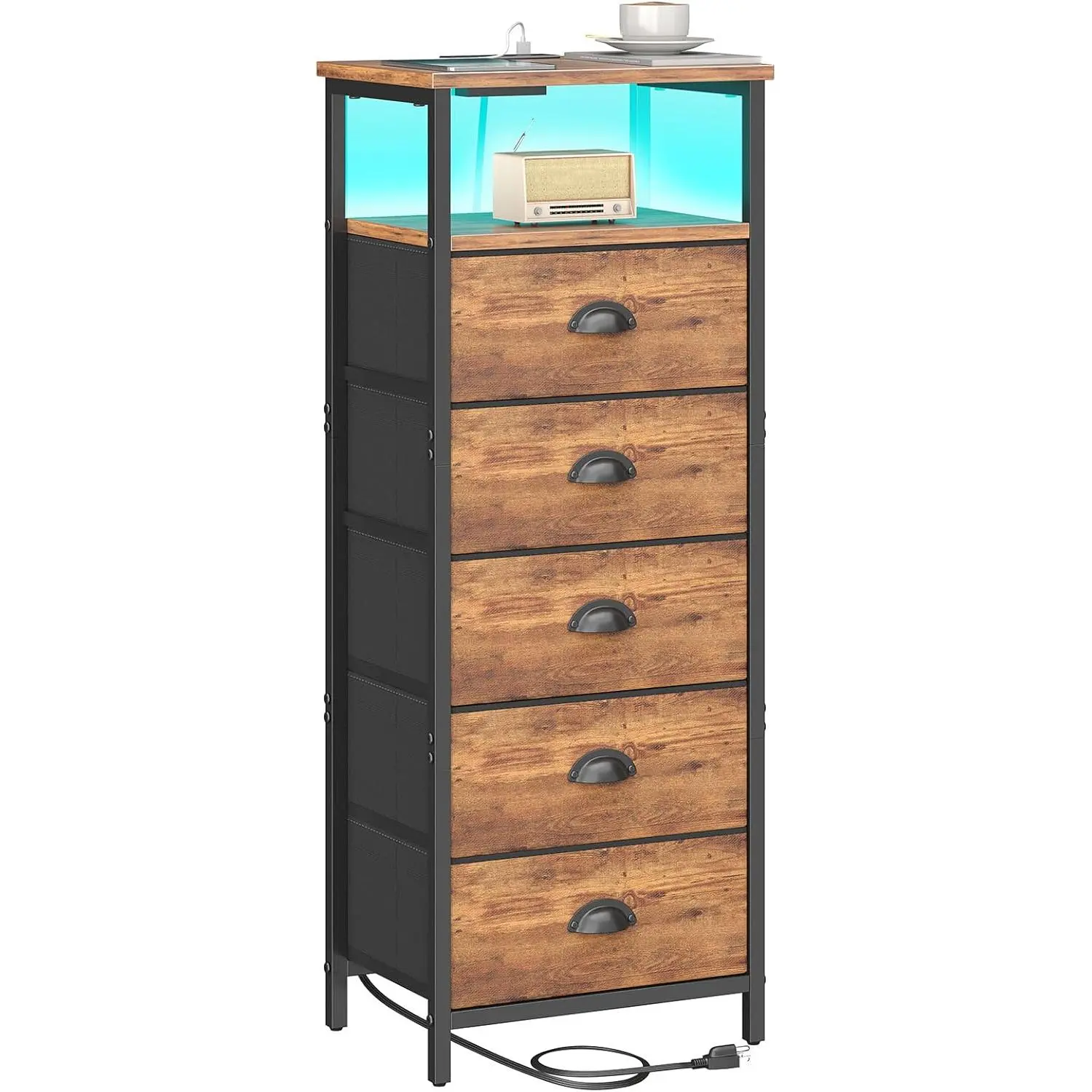 Rustic Brown LED Nightstand with RGB LED Light Strip, Charger Station, Metal Frame, 1 Type-C Port, 5 Fabric Drawers, 2-Tier Open Storage Shelf, 20 Vibrant Colors, 21 Dynamic Modes, Easy Setup, 15.4''W×11.6''D×40.8''H Bedroom Bedside Side Tables, 1 Usb Por