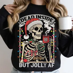 Dead Inside Skeleton Christmas Sweatshirt, Coffee Lover Christmas Sweater, Dead Inside But Jolly AF Shirt, Skeleton Christmas Lights Shirt S7A