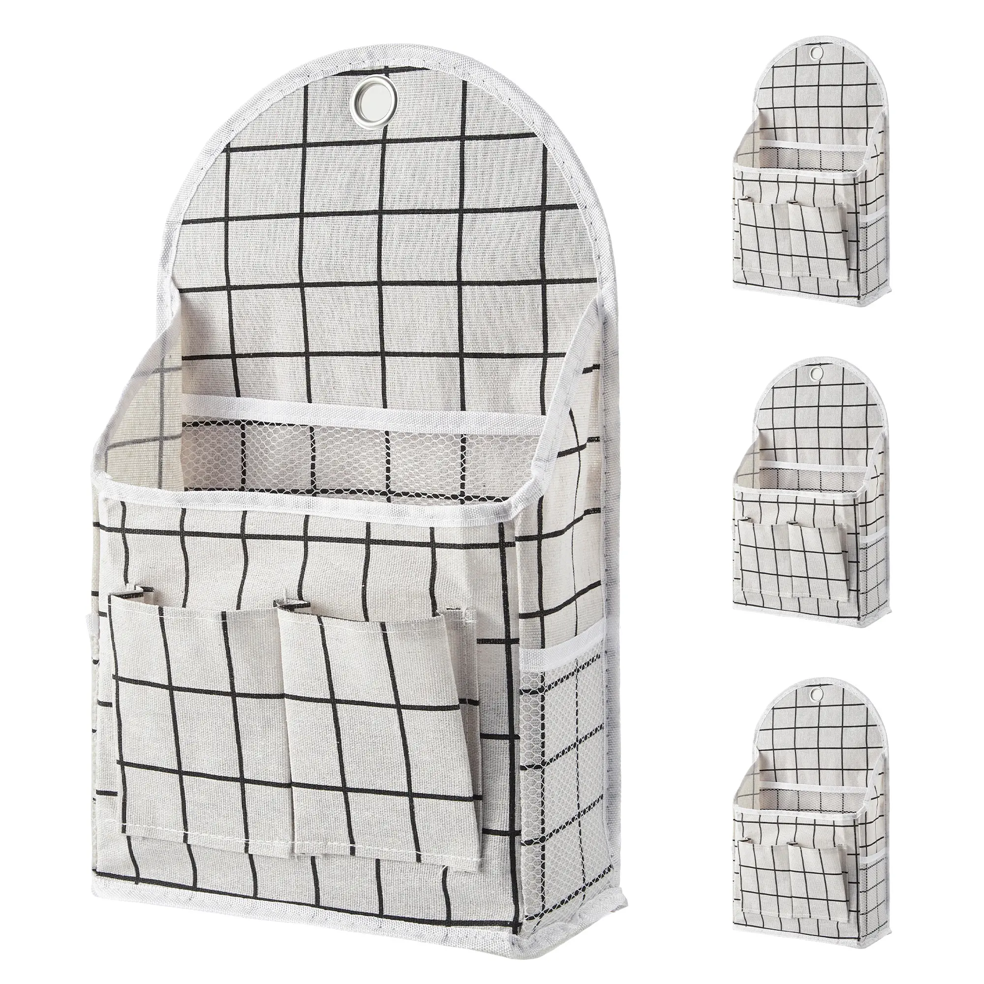 4 Pack Wall Hanging Storage Organizer, Cotton Linen Wall Pocket Organizer with Waterproof Coating,  Wall File Organizer,Metal Grommet Hooks, Front Pockets and Side Mesh, Hanging Storage Bags ﻿