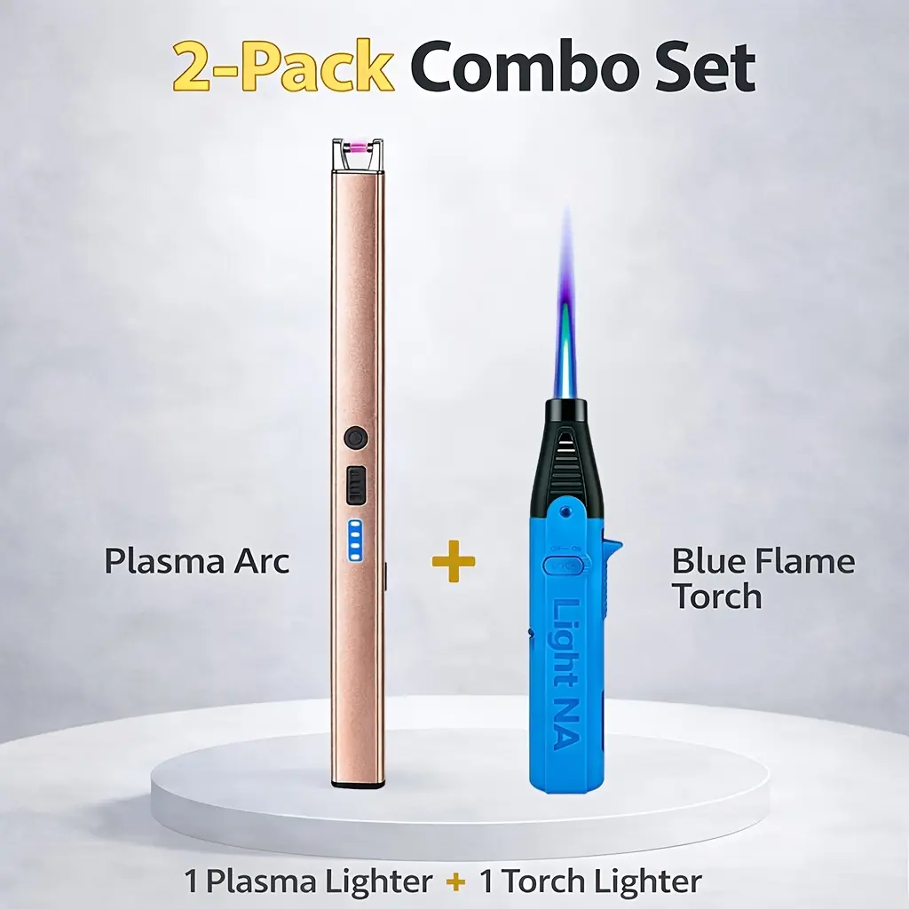 2pcs Combo Lighters Set - USB Rechargeable Plasma Arc Lighter + Windproof Jet Torch Lighter, Safety Lock, for Candles, Bbq, Camping & Gifts (Butane Not Included)