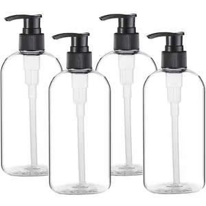 4 Pack 16oz/500ml Clear Plastic Pump Bottles, BPA-Free Refillable Cylinder Dispenser, Portable Travel Container for Shampoo Lotion Liquid Soap bathroom