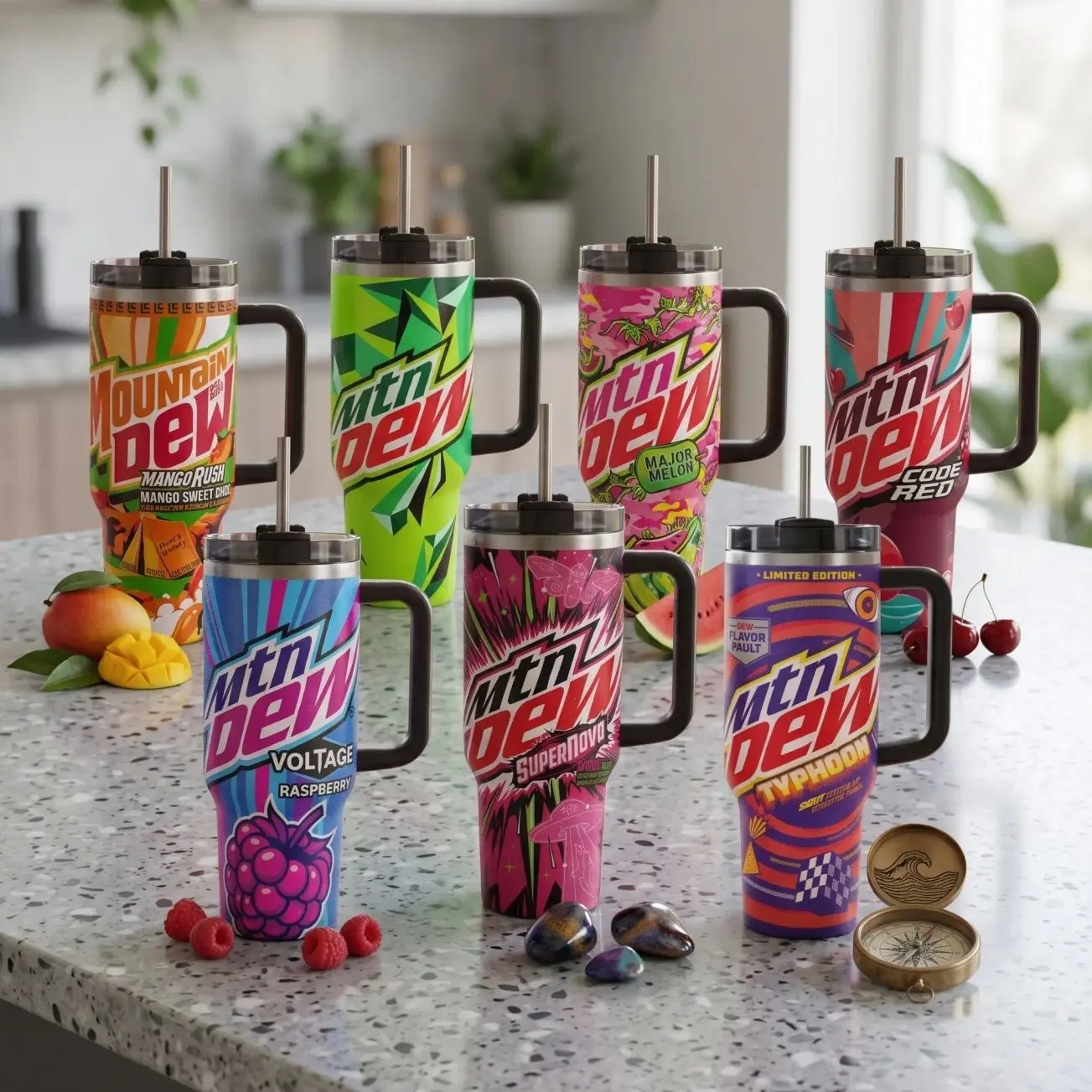 Mtn Dew 40oz 30oz 20oz Tumbler With Handle, Colorful Soda Flavor Graphic Insulated Stainless Steel Travel Cup With Straw