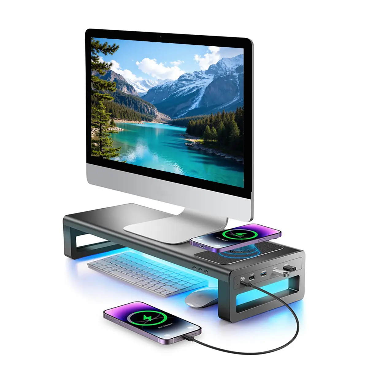 Pre-Assembled RGB Monitor Stand Riser - Computer Stand for Laptop, Desktop Laptop Holder, 15W Wireless Charging Station, USB Hub, Desk Accessory with Storage Organizer, Modern Home Decor (Free Power Adapter & USB-C Cable for Office Setup)