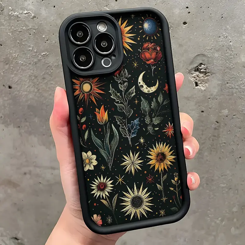 Bohemian Sunflowers Moon Vibrant Vivid Aesthetic Chic Unique All-Inclusive Shockproof Phone Case, Trendy Durable TPU Mobile Phone Protective Case, Compatible with Iphone 11/12/13/14/15/16 Pro Plus Pro Max Cover Cellphone