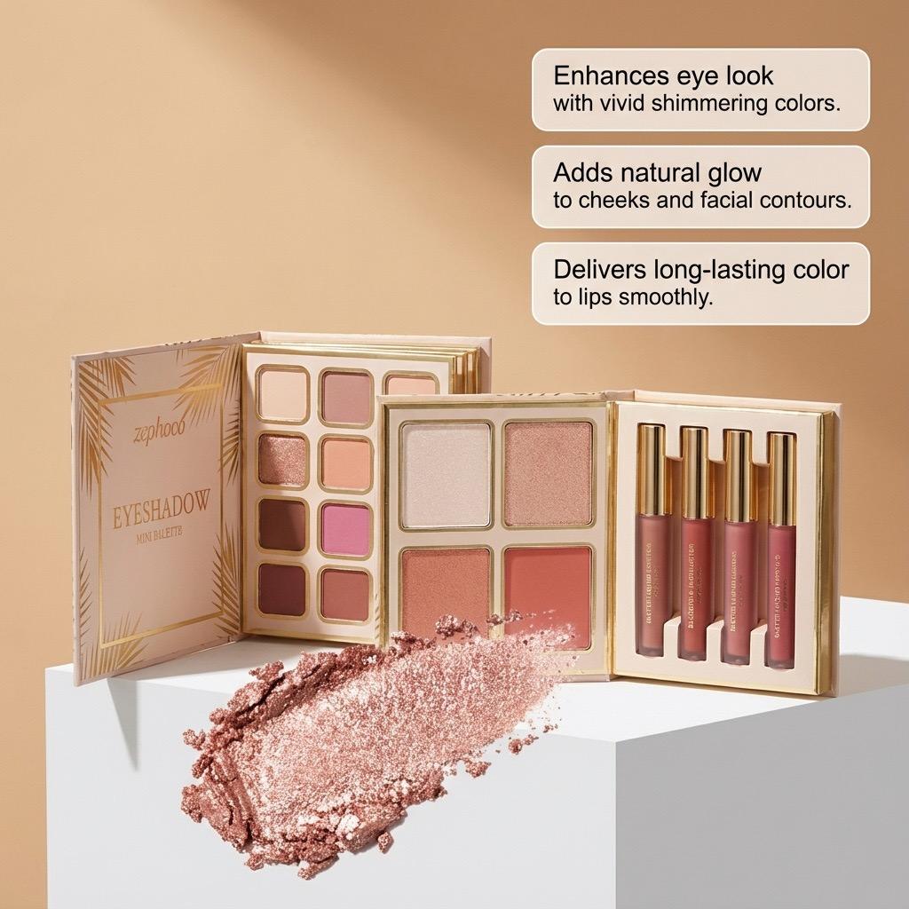 Zephoco Tropical Gold Makeup Complete Set – Eyeshadow, Blush, Lipstick, Foldable Makeup Palette for a Full Face Look
