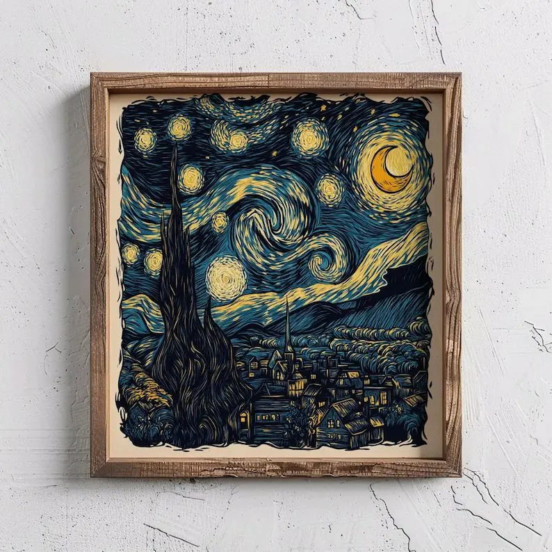 Vintage Starry Night Vincent Van Gogh Retro Wall Art – Classic Moon & Stars Print, Mid-Century Night Sky Decor, Astronomy Wall Art Print