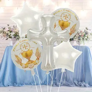 5 Pcs Silver Color Cross Balloons Set, 18 Inch Silver Lion Design, Perfect for Baptism, First Communion, Easter, Wedding Celebrations