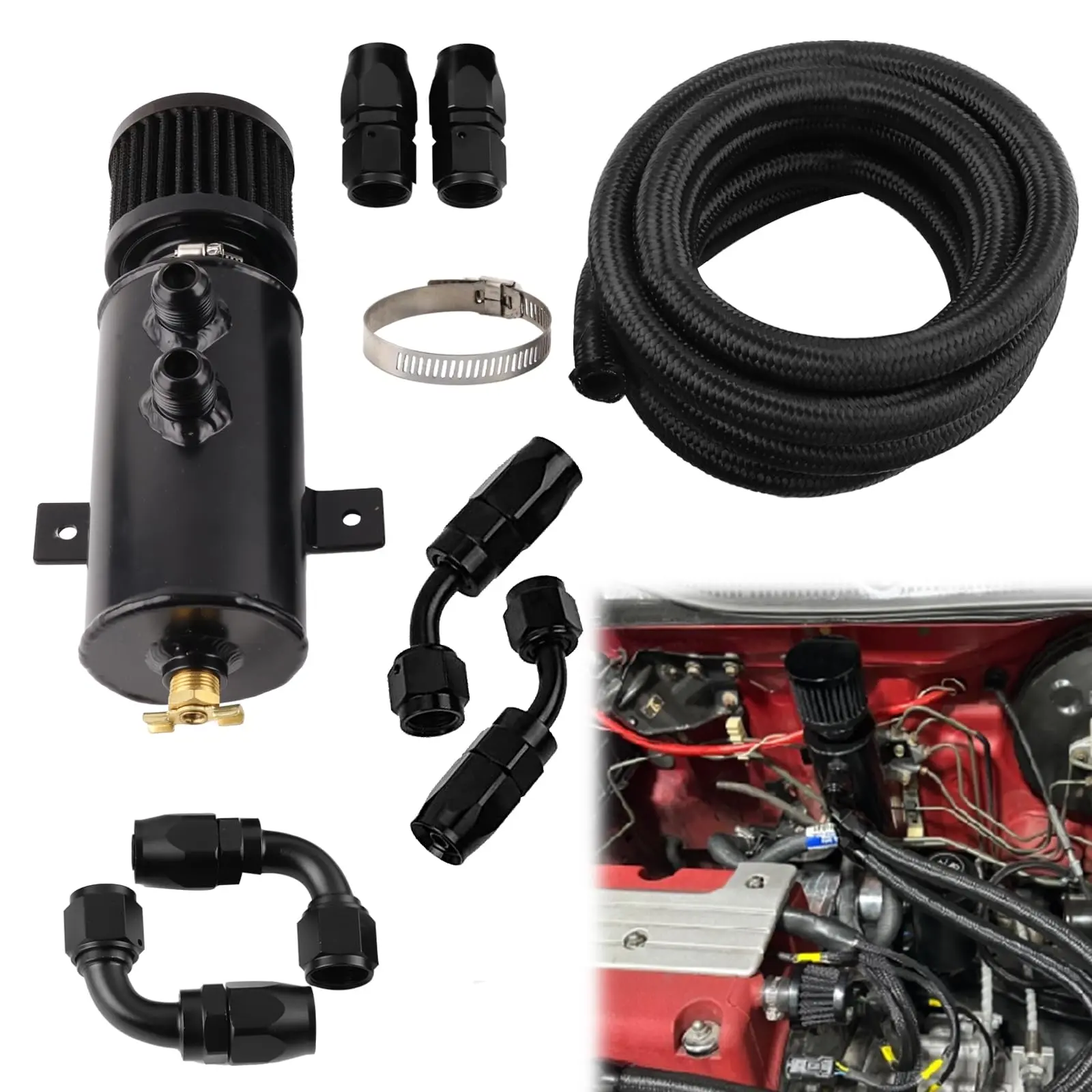 10an Oil Catch Can Breather With Drain Valve  750ml Capacity Bundled 10ft 5/8" Line Fitting Kit Featuring Nylon Braided Cpe Hose