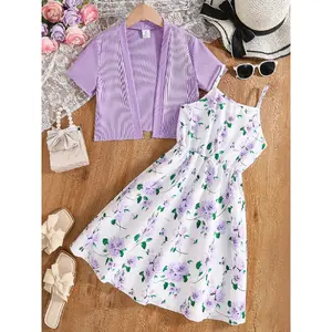 Girl's Floral Print Dress & Short Sleeve Outerwear Set, Casual Outerwear & Ditsy Floral Dress, Summer Clothes for Kids, Floral Printed Dress, Floral Pattern Dress, Girlly Summer Clothes