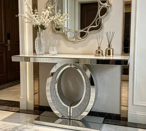 Large Mirrored Console Table - Elegant Olive-Shape Design, Crushed Diamond Finish - for Hallway, Living Room