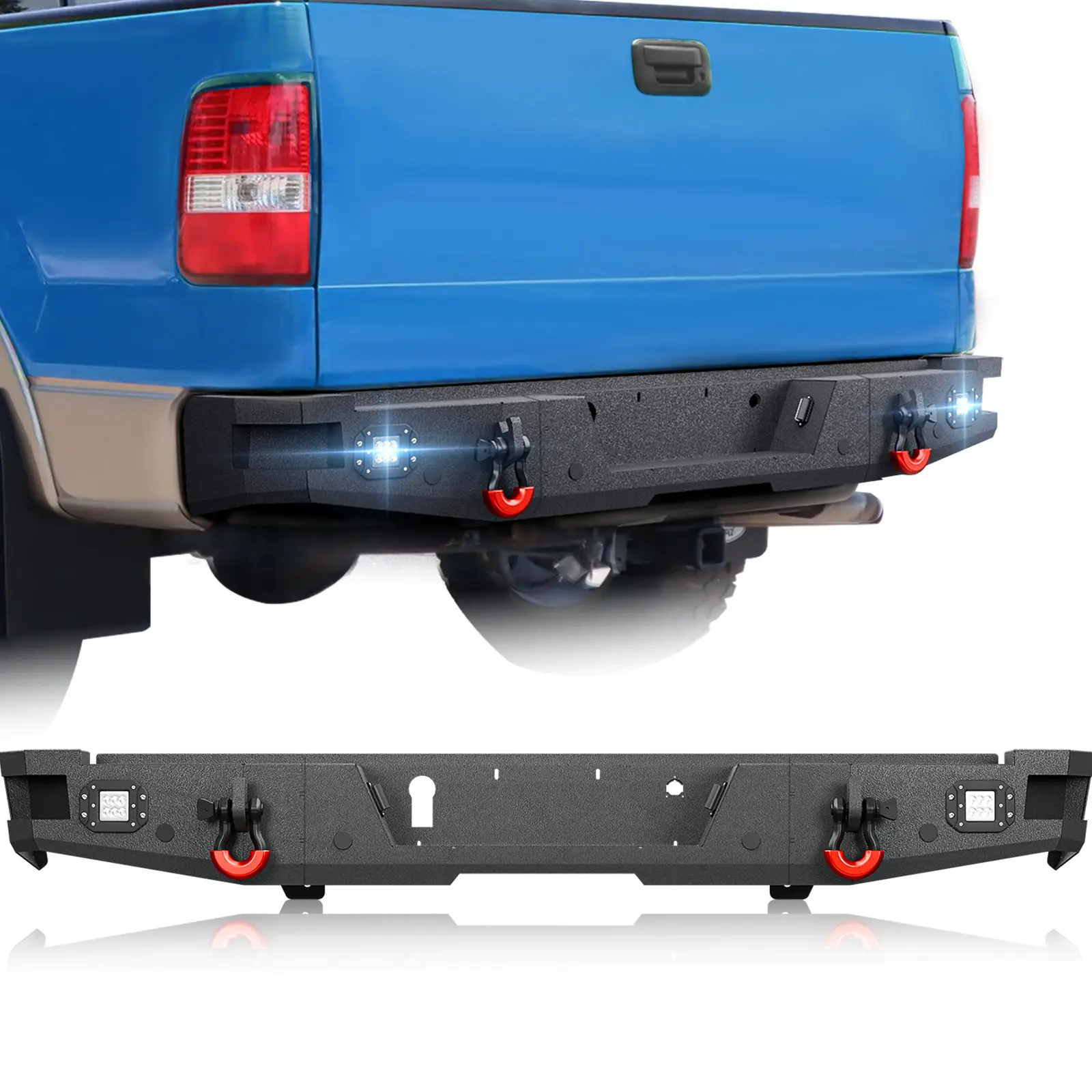 【EYOUHZ】Rear Bumper Compatible with 2004 2005 2006 Ford F150 F-150 | LED Lights, License Plate Bracket, Trailer Plug Hole, License Plate Light Hole, Sensor Hole & D-rings, Excluding Raptor