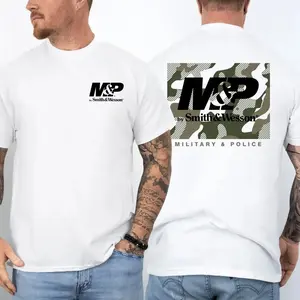 Smith & Wesson M&P T-Shirt, Military & Police Camo Graphic Tee, Small Chest Emblem Shirt, Camouflage Back Logo Print Crewneck, Casual Streetwear For Men