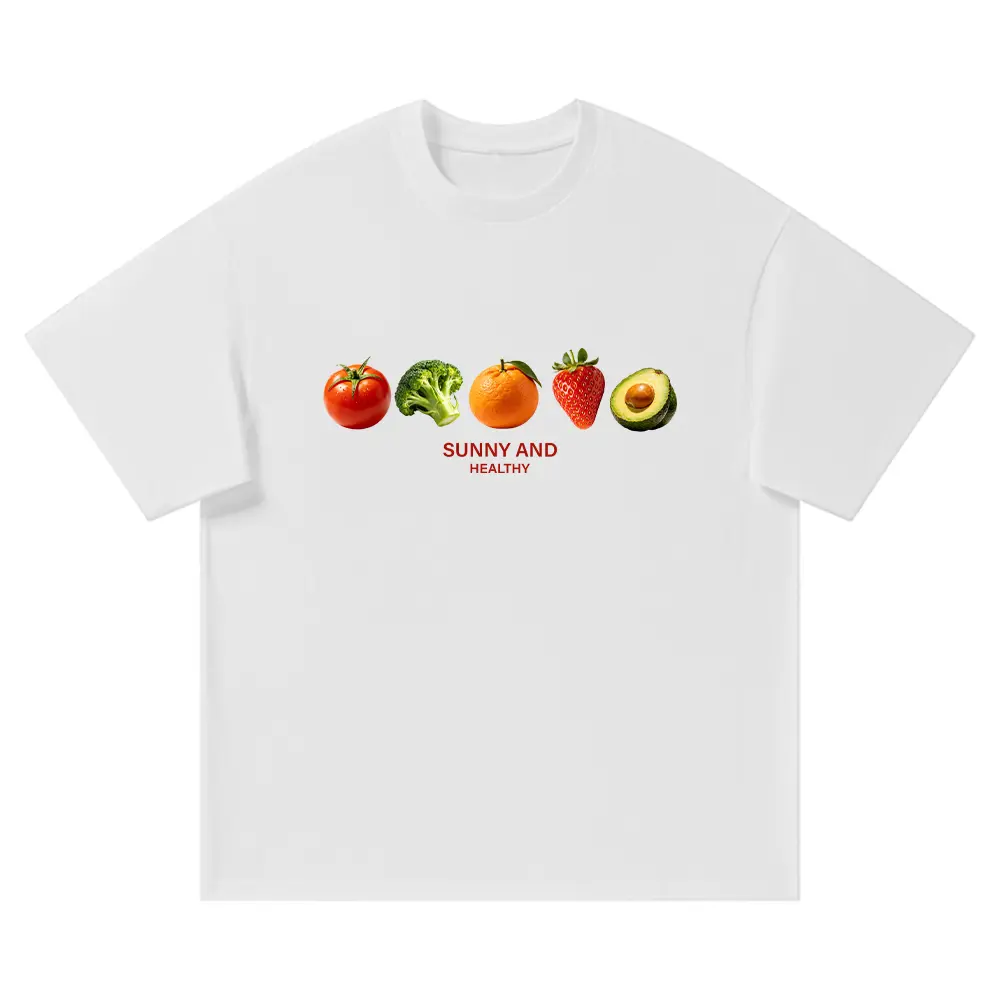 Heavyweight Cotton Sunny and Healthy Graphic T-Shirt, Oversized Cute Fruit Vegetable Watercolor Art Tee, Premium Thick White Cotton Drop Shoulder Summer Tops Casual Shirt