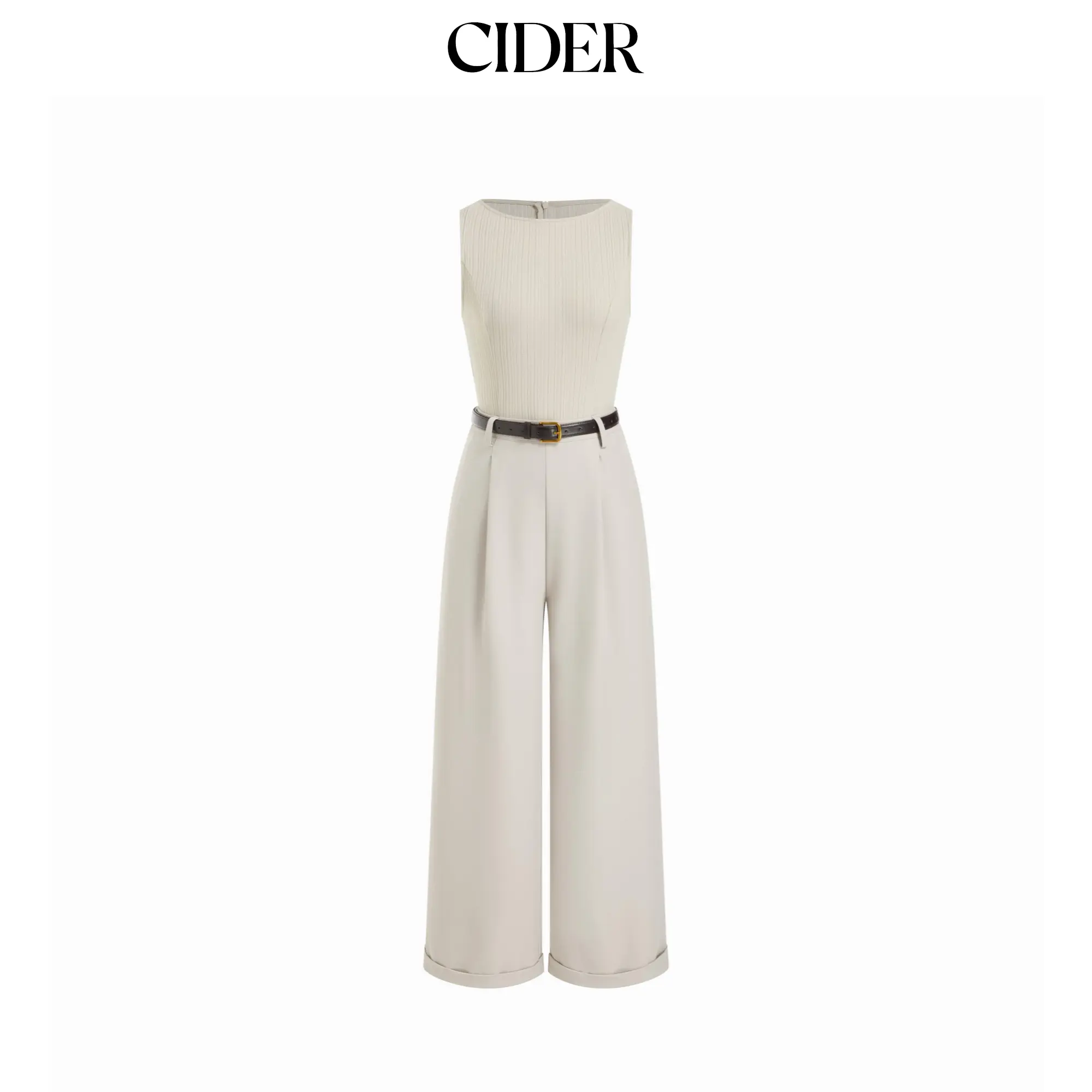 Cider Women's Belted Casual Sleeveless Boat Neck Jumpsuit - Medium Weight Solid Woven Textured Straight Leg, Elastane-Polyester Blend Stretch Fit Overalls
