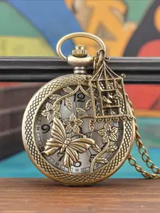 Vintage Bronze Quartz Pocket Watch Fashionable Stylish Watch With Exquisite Butterfly & Floral Hollow-Out Pattern - Non-Waterproof, Alloy Case, Round Dial - An Ideal Gift For Couples, Family And Friends
