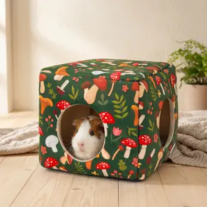 Washable Green Mushroom Print Small Animal House - Cozy Forest Hideout for Guinea Pigs, Bunnies, Hamsters - Pet Habitat Bed Accessory (TikTok Shop Spring Glowup, Summer Vibes)