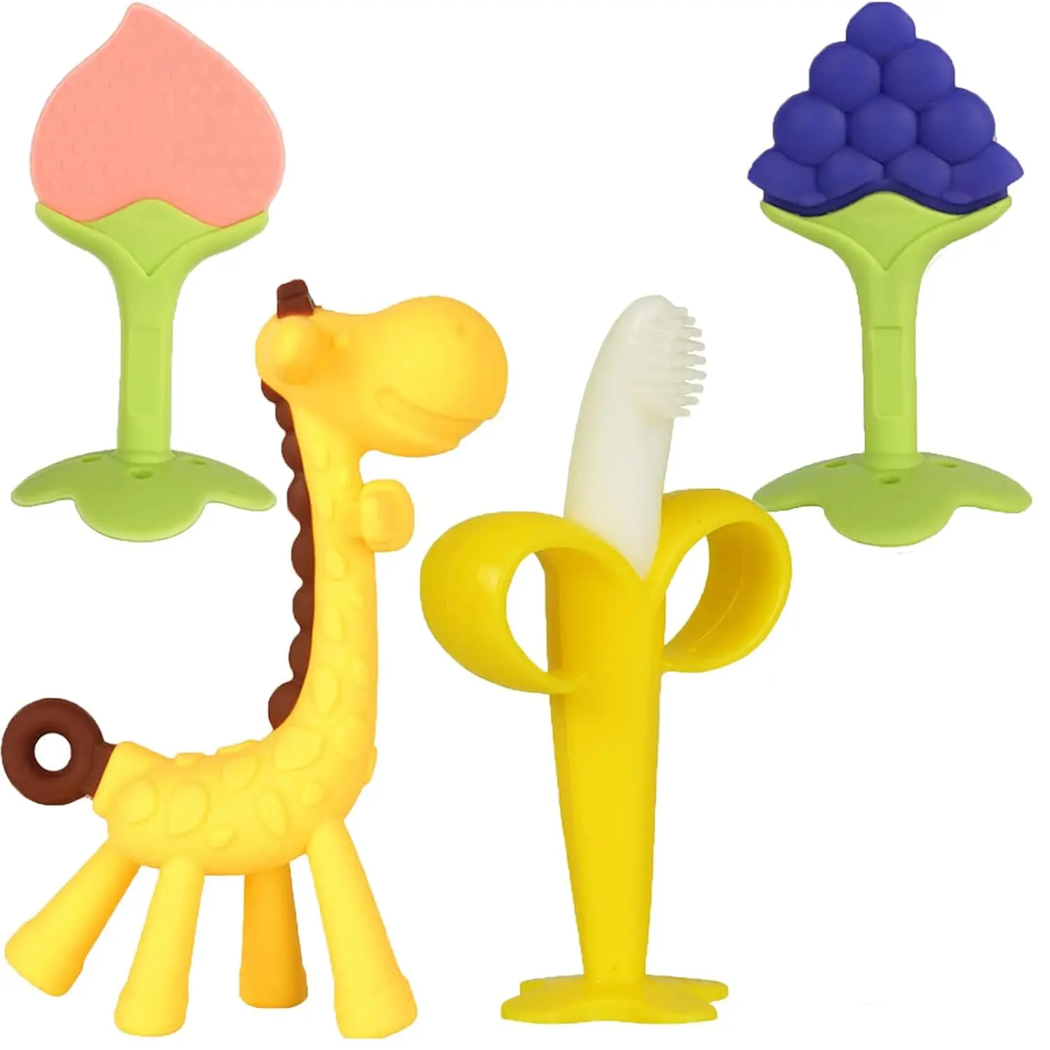 Baby Teething Toys for 3–6 Months BPA Free Silicone Teether Chew Toys Freezer Teething Relief Baby Banana Toothbrush Teether Fruit & Giraffe Shapes Teething Gifts for Infant Boys & Girls