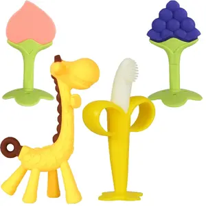 Baby Teething Toys for 3‑6 Months – BPA‑Free Silicone Teether Chew Toys, Freezer Teething Relief, Baby Banana Toothbrush Teether, Fruit & Giraffe Shapes, Teething Gifts for Infant Boys & Girls