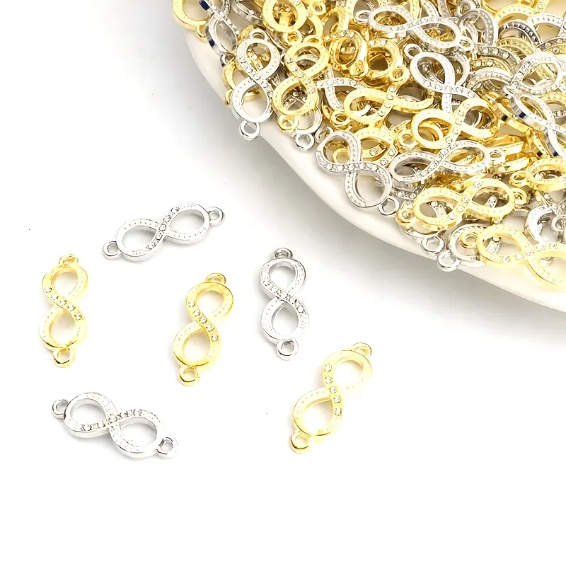 5pcs Creative Infinite Sign Rhinestones Inlaid Openwork Pendant Connectors Necklace Bracelet Alloy Double Hanging Charms Links DIY Jewelry Lucky Digit 8 Accessories