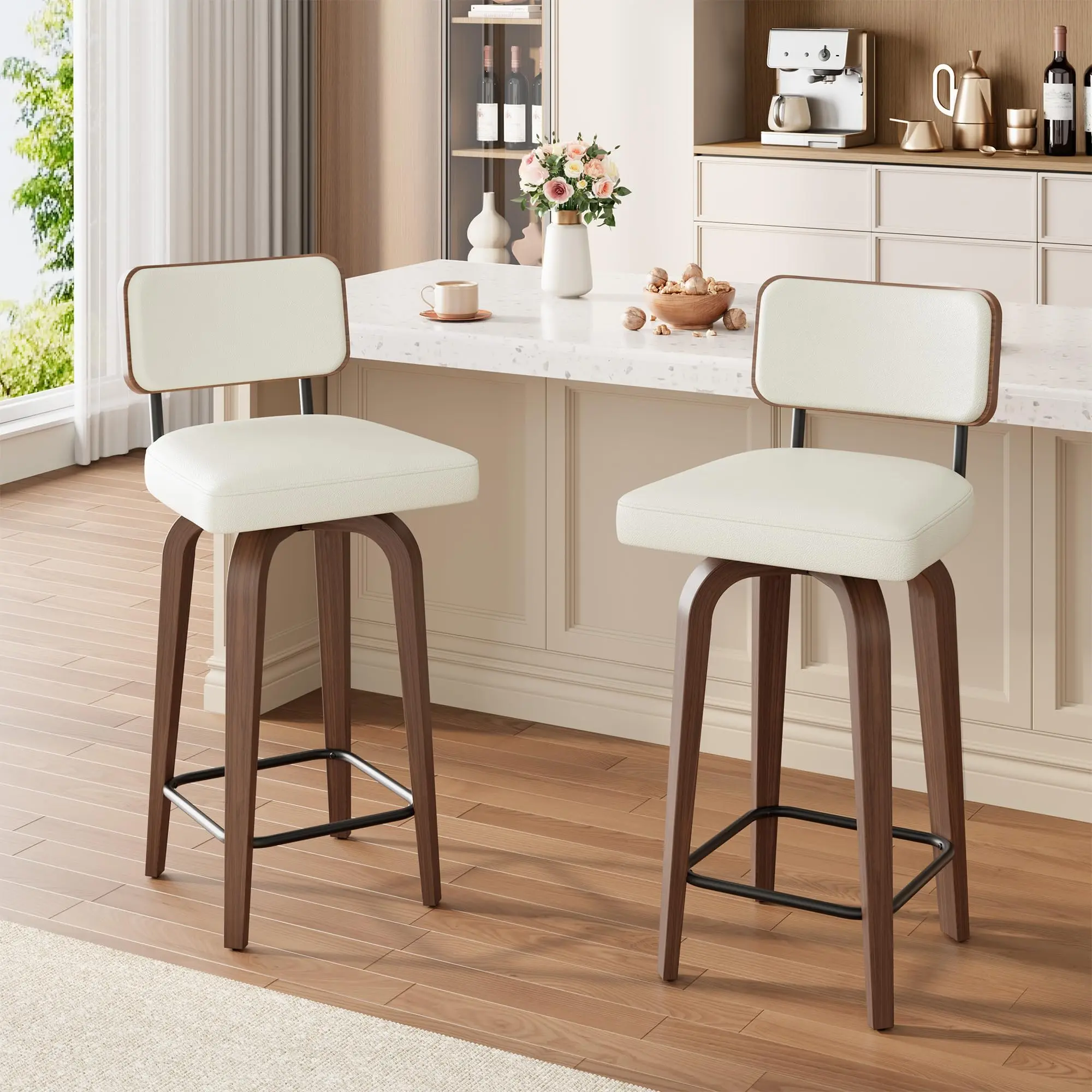 Garvee Swivel Bar Stools Set of 2, 26" Upholstered Counter Height Bar Stools with Back and Walnut Wood Legs, Larger Cushion Size 18.3"*17.5", Faux Leather Barstools for Kitchen Counter