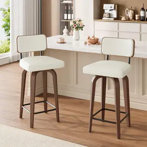 Garvee Swivel Bar Stools Set of 2, 26" Upholstered Counter Height Bar Stools with Back and Walnut Wood Legs, Larger Cushion Size 18.3"*17.5", Faux Leather Barstools for Kitchen Counter