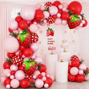153pcs Strawberry Balloon Arch Set Red and Pink Latex and Foil Balloons for Birthday Wedding Anniversary Graduation Indoor/Outdoor Party Decorations