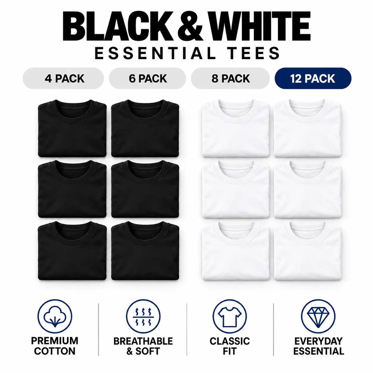 Premium Cotton 12-Pack Crew Neck T-Shirts, 6 Black + 6 White — Just $3.20 Each, Unisex Soft Breathable Classic Fit Basics for Men & Women, Everyday Casual Wear, Travel, Layering & Workwear