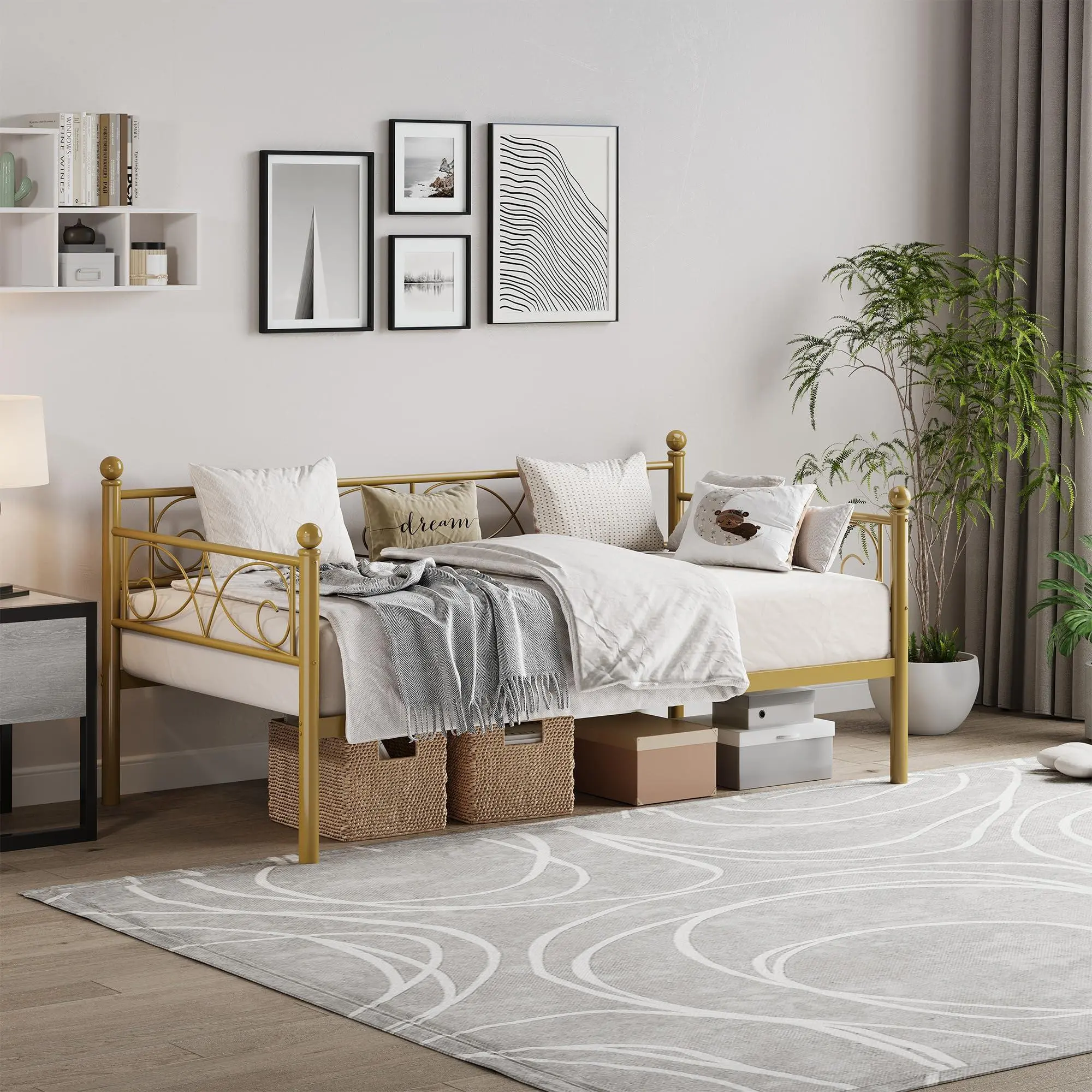 Gold Daybed, Twin Size Metal Day Bed with Floral Headboard, Modern Metal Sofa Bed Frame, Heavy Duty Steel Slats Supports, for Living Room, Guest Room