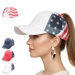 1/3pcs USA Flag Ponytail Baseball Cap Bundle |   Distressed Mesh Trucker Hats for Summer & Streetwear