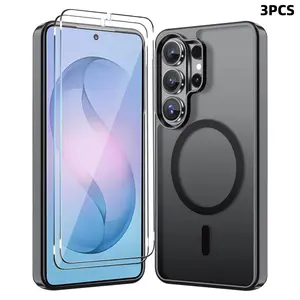 3PCS [1 Phone Case with 2X Clear Screen Protectors] Magnetic Protective Phone Case Suitable for Samsung Suitable for Galaxy S26 Ultra S26 Plus S26 S25 Ultra S24 Ultra S25FE S23 S22 Ultra with Screen Protector, Slim Translucent Shockproof Phone Case